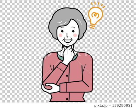 Facing forward. An elderly woman wearing a cardigan, with her hand on her chin and a stunned expression. Part 2 Facing forward. An elderly woman wearing a cardigan, with her hand on her chin and a stunned expression. Part 2 139290951