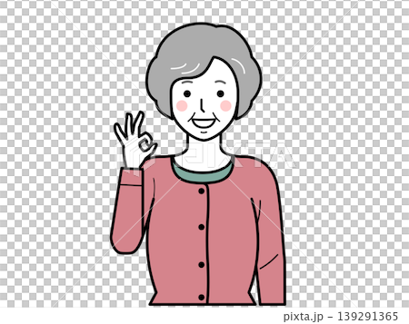 正面向き。OKサインをするカーディガンを着た高齢女性。その2 正面向き。OKサインをするカーディガンを着た高齢女性。その2 139291365