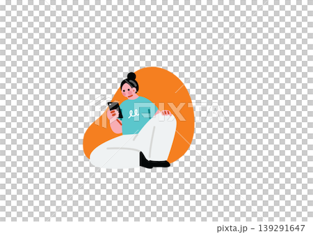 An illustration of a woman relaxing and using her smartphone. 139291647