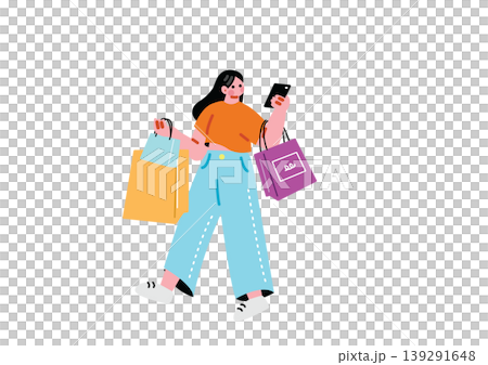 一幅描繪女性邊購物邊看智慧型手機的插畫。 一幅描繪女性邊購物邊看智慧型手機的插畫。 139291648