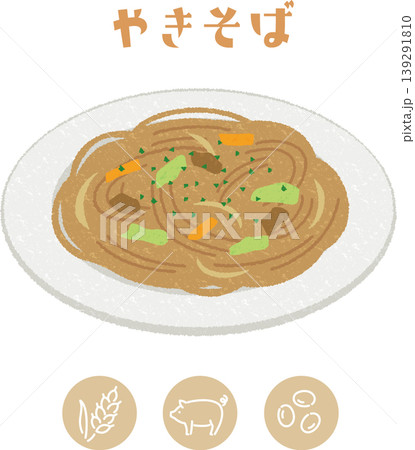 学校給食の焼きそばとアレルゲン表示アイコンのイラスト 学校給食の焼きそばとアレルゲン表示アイコンのイラスト 139291810
