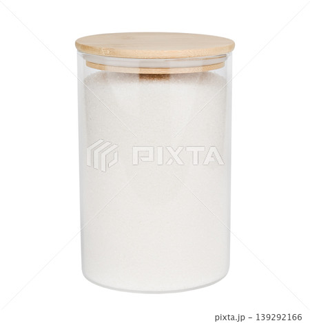 Sugar in a glass jar with a wooden lid isolated on white background 139292166