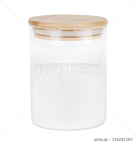 Salt in a glass jar with a wooden lid isolated on white background 139292167