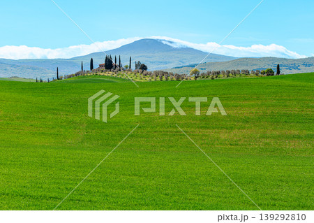 Rolling green hills with cypress trees and a distant mountain landscape in Tuscany 139292810