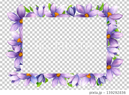 Purple crocuses, watercolor horizontal frame. Hand drawn arrangement of fresh blue wildflowers with green leaves. Bright, lush plants for packaging, cosmetics, perfume, and postcards. 139292836