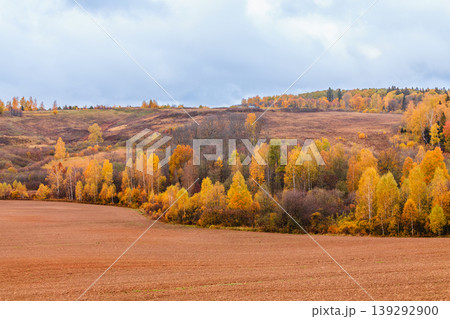 Vibrant autumn landscape with colorful foliage and rolling hills in a serene countryside setting 139292900