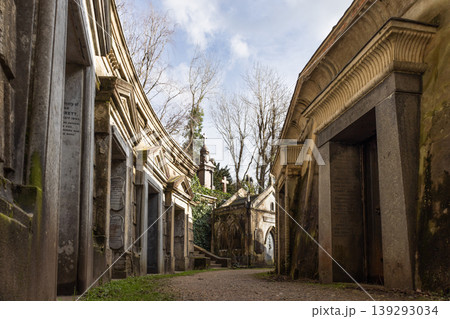 Path through historic mausoleums at Highgate Cemetery in London 139293034