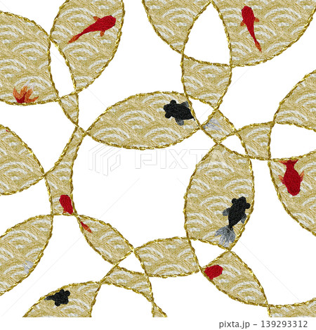 【和風の青海波と金魚の背景装飾】手刺繍イラスト素材 【和風の青海波と金魚の背景装飾】手刺繍イラスト素材 139293312