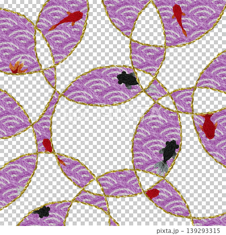 [Japanese-style background decoration with wave pattern and goldfish] Hand-embroidered illustration material 139293315