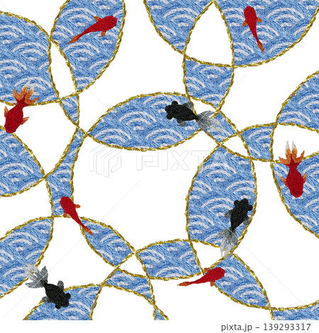 【和風の青海波と金魚の背景装飾】手刺繍イラスト素材 139293317