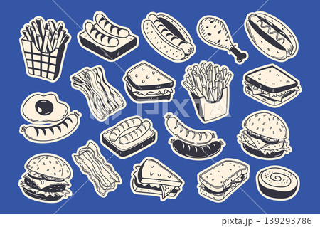 Set of fast food icons in doodle style on blue background. Fast food stickers.  139293786