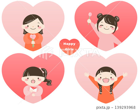 ハートの中で愛を伝える女の子たちのかわいいイラストセット(手描き風、フラット) ハートの中で愛を伝える女の子たちのかわいいイラストセット(手描き風、フラット) 139293968