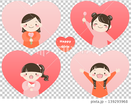 ハートの中で愛を伝える女の子たちのかわいいイラストセット(手描き風、フラット) ハートの中で愛を伝える女の子たちのかわいいイラストセット(手描き風、フラット) 139293968