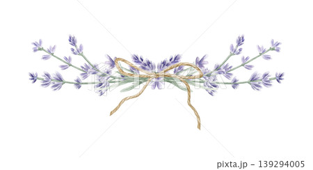 Watercolor lavender floral arrangement with a jute bow. Hand drawn botanical horizontal bouquet isolated on white. Provence style design for wedding invitations, aromatherapy and greeting cards. Watercolor lavender floral arrangement with a jute bow. Hand drawn botanical horizontal bouquet isolated on white. Provence style design for wedding invitations, aromatherapy and greeting cards. 139294005
