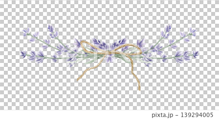 Watercolor lavender floral arrangement with a jute bow. Hand drawn botanical horizontal bouquet isolated on white. Provence style design for wedding invitations, aromatherapy and greeting cards. Watercolor lavender floral arrangement with a jute bow. Hand drawn botanical horizontal bouquet isolated on white. Provence style design for wedding invitations, aromatherapy and greeting cards. 139294005