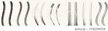 Collection of various black tire track marks. Grunge vehicle tread patterns isolated on white background Collection of various black tire track marks. Grunge vehicle tread patterns isolated on white background 139294058