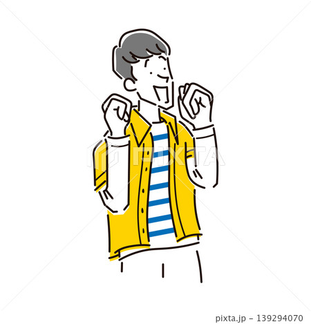 腕を上げて笑顔で喜んでいる男性の上半身のイラスト素材 139294070