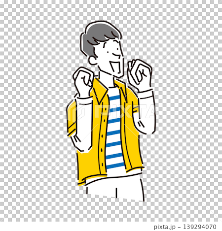腕を上げて笑顔で喜んでいる男性の上半身のイラスト素材 139294070