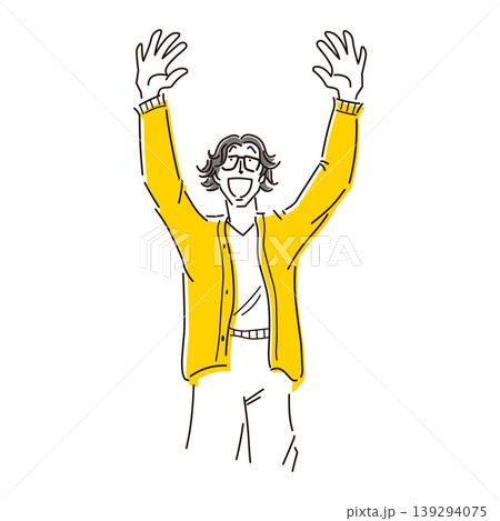 腕を上げて笑顔で喜んでいる男性の上半身のイラスト素材 139294075
