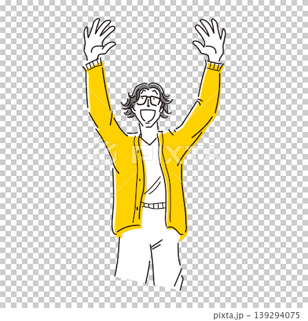 Illustration of the upper body of a man with his arms raised and smiling in joy. Illustration of the upper body of a man with his arms raised and smiling in joy. 139294075