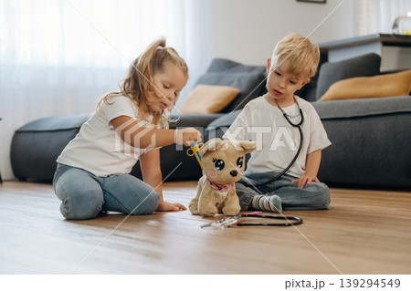 Stethoscope, doctors with plush toy. Little kids are playing together in the domestic room at daytime 139294549
