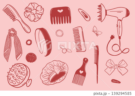 Hair accessories and styling tools collection set with combs dryer and scrunchies in doodle style Hair accessories and styling tools collection set with combs dryer and scrunchies in doodle style 139294585