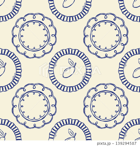 Seamless ceramic plate pattern with lemon mediterranean kitchen motif in hand drawn style Seamless ceramic plate pattern with lemon mediterranean kitchen motif in hand drawn style 139294587