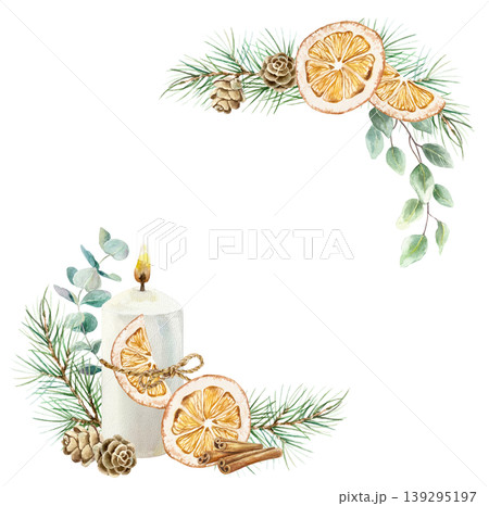 Christmas candle, fir branches, dried oranges, eucalyptus and pine cones. Corner decor items. Hand drawn isolated watercolor illustration. For New Years cards, invitations, labels and banners. 139295197