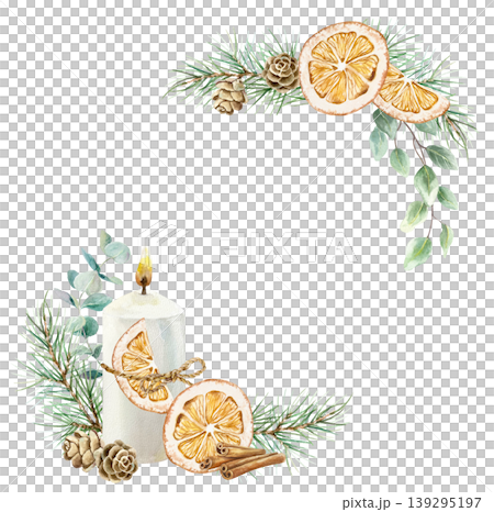 Christmas candle, fir branches, dried oranges, eucalyptus and pine cones. Corner decor items. Hand drawn isolated watercolor illustration. For New Years cards, invitations, labels and banners. 139295197
