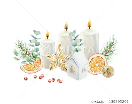 Christmas candles and a house shaped candlestick decorated with fir branches, dried orange, eucalyptus and a woven star. Hand drawn watercolor illustration. For New Years cards and invitations. Christmas candles and a house shaped candlestick decorated with fir branches, dried orange, eucalyptus and a woven star. Hand drawn watercolor illustration. For New Years cards and invitations. 139295201