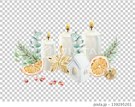 Christmas candles and a house shaped candlestick decorated with fir branches, dried orange, eucalyptus and a woven star. Hand drawn watercolor illustration. For New Years cards and invitations. Christmas candles and a house shaped candlestick decorated with fir branches, dried orange, eucalyptus and a woven star. Hand drawn watercolor illustration. For New Years cards and invitations. 139295201