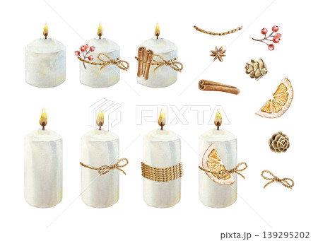 Candle set with decorative accessories, including cinnamon sticks, dried orange, a sprig of berries, pine cones and string. Hand drawn watercolor illustration. For New Years cards and invitations. Candle set with decorative accessories, including cinnamon sticks, dried orange, a sprig of berries, pine cones and string. Hand drawn watercolor illustration. For New Years cards and invitations. 139295202