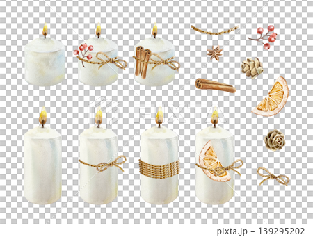 Candle set with decorative accessories, including cinnamon sticks, dried orange, a sprig of berries, pine cones and string. Hand drawn watercolor illustration. For New Years cards and invitations. Candle set with decorative accessories, including cinnamon sticks, dried orange, a sprig of berries, pine cones and string. Hand drawn watercolor illustration. For New Years cards and invitations. 139295202