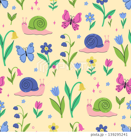 Seamless pattern with cute snails, butterflies, and flowers. Vector graphics. 139295241