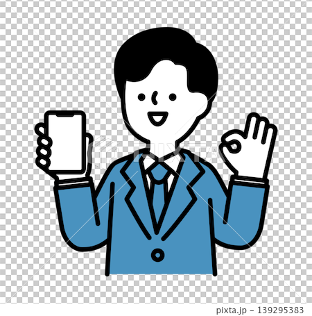 An illustration of a smiling man showing his smartphone while making an OK gesture. An illustration of a smiling man showing his smartphone while making an OK gesture. 139295383