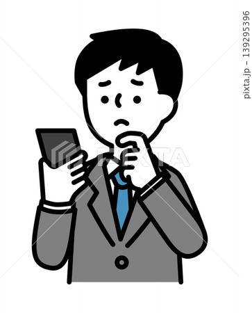 スマホを見ながら悩んでいる男性のイラスト スマホを見ながら悩んでいる男性のイラスト 139295396