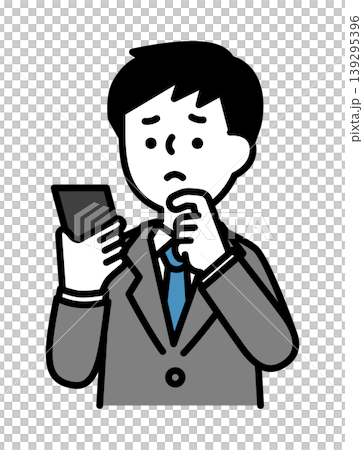 一幅插圖，描繪了一個男人憂心忡忡地看著他的智慧型手機。 139295396