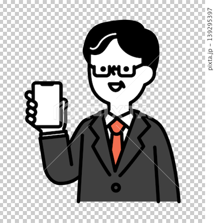 スマートフォンの画面を見せる笑顔のシニア男性のイラスト スマートフォンの画面を見せる笑顔のシニア男性のイラスト 139295397