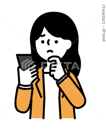 スマホを見ながら悩んでいる女性のイラスト 139295412