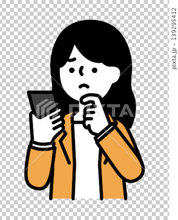 スマホを見ながら悩んでいる女性のイラスト 139295412