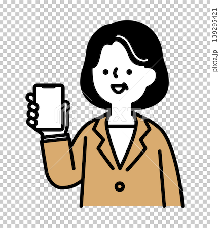スマートフォンの画面を見せる笑顔のシニア女性のイラスト スマートフォンの画面を見せる笑顔のシニア女性のイラスト 139295421