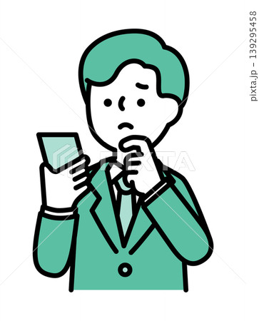 スマホを見ながら悩んでいる男性のイラスト 139295458