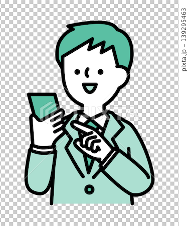 An illustration of a man smiling and using a smartphone. 139295463