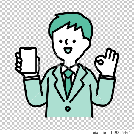 An illustration of a smiling man showing his smartphone while making an OK gesture. 139295464