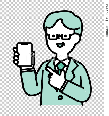 An illustration of a smiling senior man pointing at his smartphone. An illustration of a smiling senior man pointing at his smartphone. 139295468