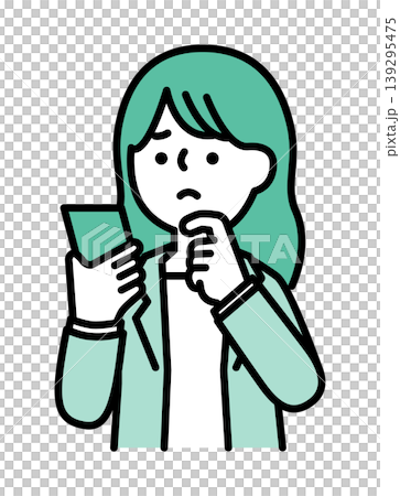 スマホを見ながら悩んでいる女性のイラスト 139295475