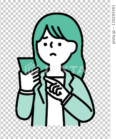 一幅插圖，描繪了一位表情憂慮的女子正在使用智慧型手機。 139295481