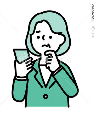 スマートフォンを持っている困り顔のシニア女性のイラスト スマートフォンを持っている困り顔のシニア女性のイラスト 139295492