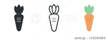 にんじんアイコンセット 3種 白黒・線画・カラーのシンプルな野菜イラスト にんじんアイコンセット 3種 白黒・線画・カラーのシンプルな野菜イラスト 139295664