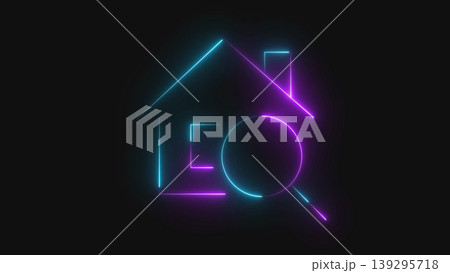 Glowing neon house icon with magnifying glass for search. A vibrant glowing neon house icon paired with a magnifying glass symbol, representing real estate search, and digital home browsing. 139295718